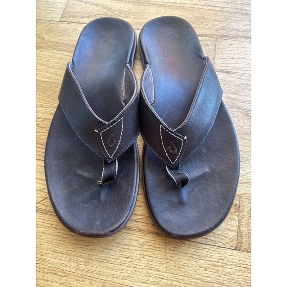 Olukai Nalukai Thong Sandals 12 Mens Dark Brown Comfort Leather - Picture 1 of 6